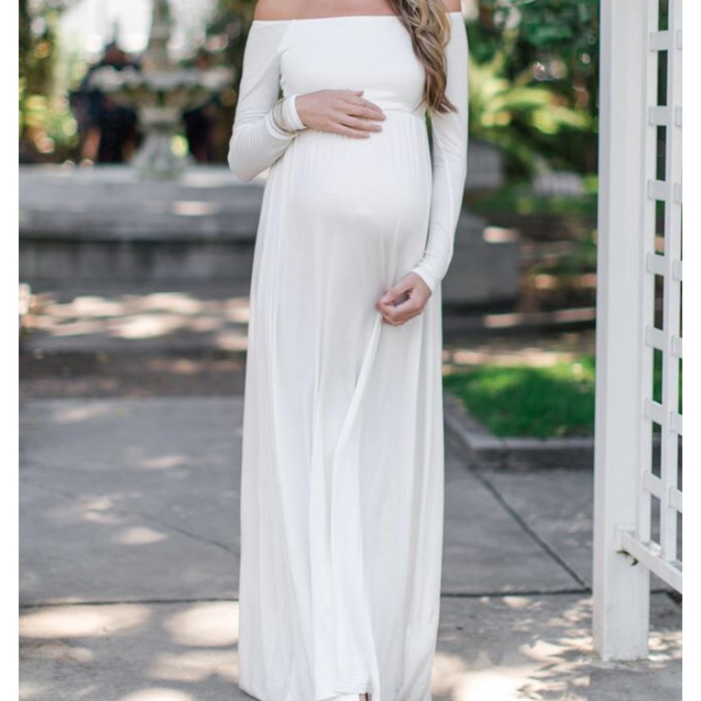 Pink blush maternity off the shoulder dress